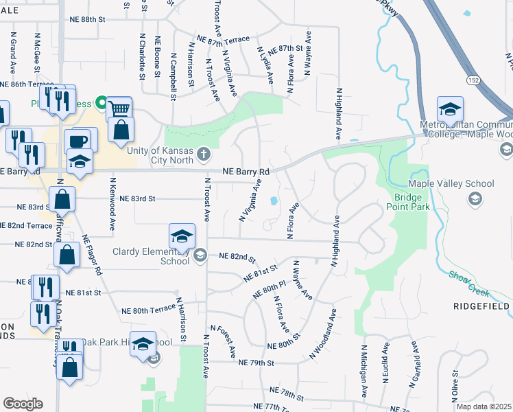 map of restaurants, bars, coffee shops, grocery stores, and more near 8301 North Virginia Avenue in Kansas City