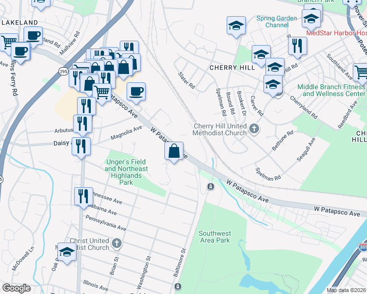 map of restaurants, bars, coffee shops, grocery stores, and more near 810 West Patapsco Avenue in Baltimore
