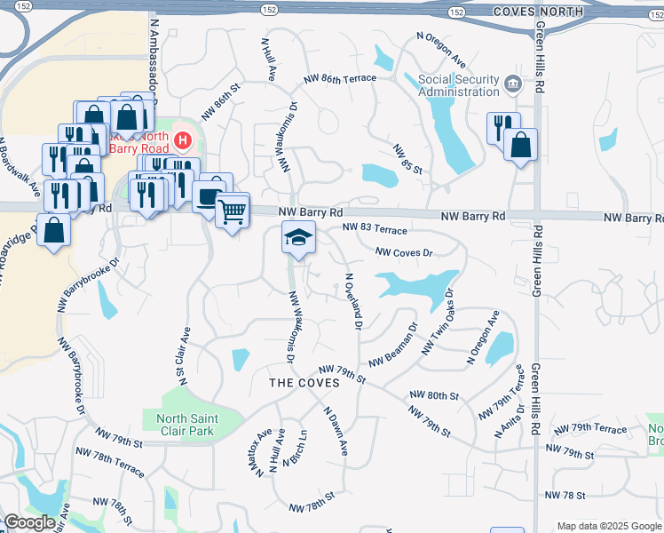 map of restaurants, bars, coffee shops, grocery stores, and more near 5209 Northwest 83 Street in Kansas City