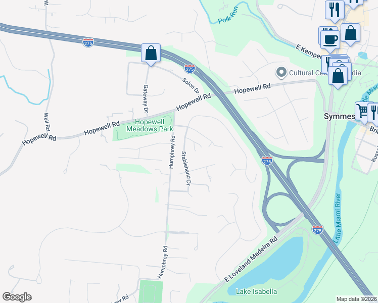 map of restaurants, bars, coffee shops, grocery stores, and more near 10320 Stablehand Drive in Cincinnati