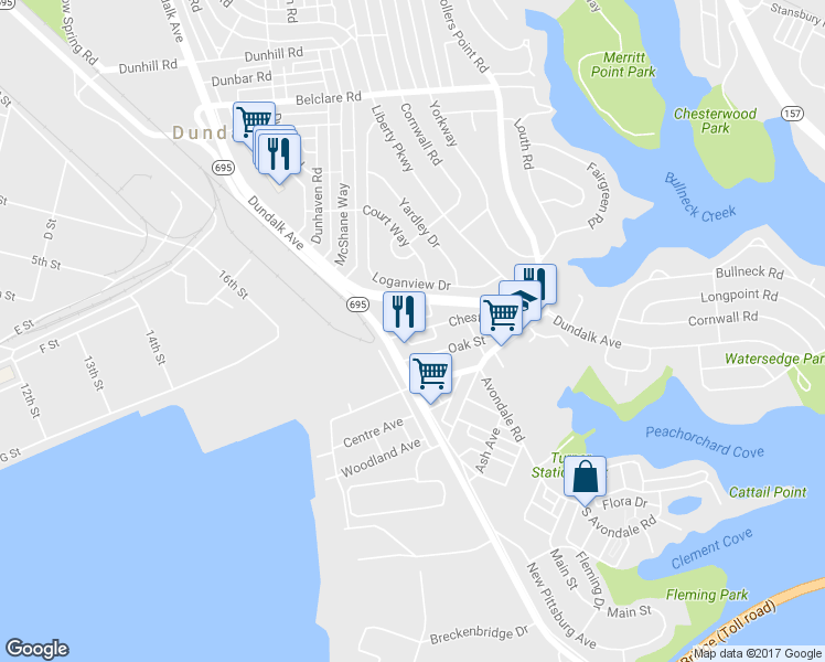 map of restaurants, bars, coffee shops, grocery stores, and more near 402 Chestnut Court in Dundalk
