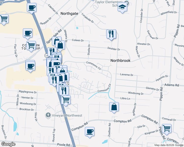 map of restaurants, bars, coffee shops, grocery stores, and more near 3350 Lindsay Lane in Cincinnati
