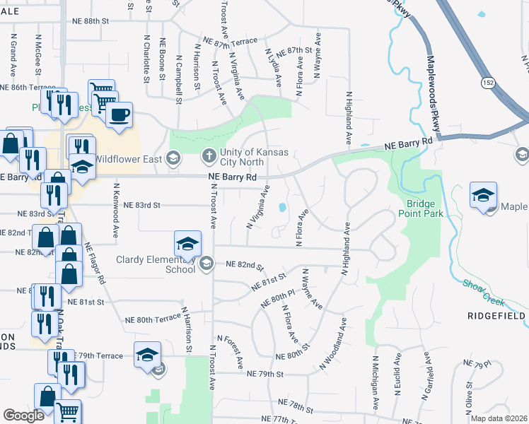 map of restaurants, bars, coffee shops, grocery stores, and more near 8301 North Virginia Avenue in Kansas City