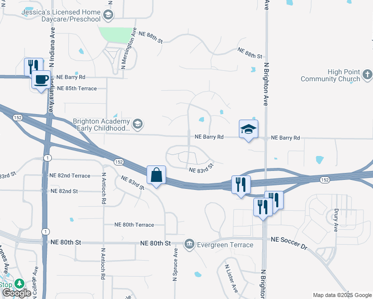 map of restaurants, bars, coffee shops, grocery stores, and more near 4377 Northeast 83rd Street in Kansas City