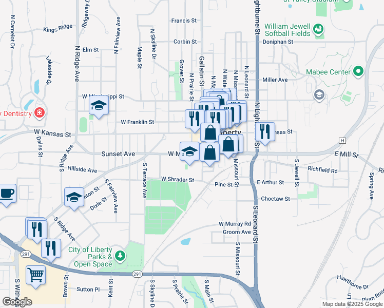 map of restaurants, bars, coffee shops, grocery stores, and more near 106 South Prairie Street in Liberty