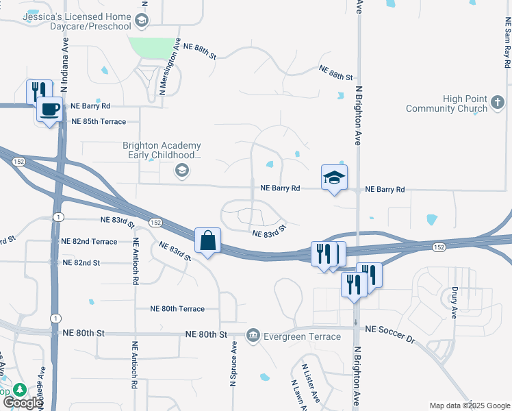 map of restaurants, bars, coffee shops, grocery stores, and more near 4409 Northeast 83rd Terrace in Kansas City