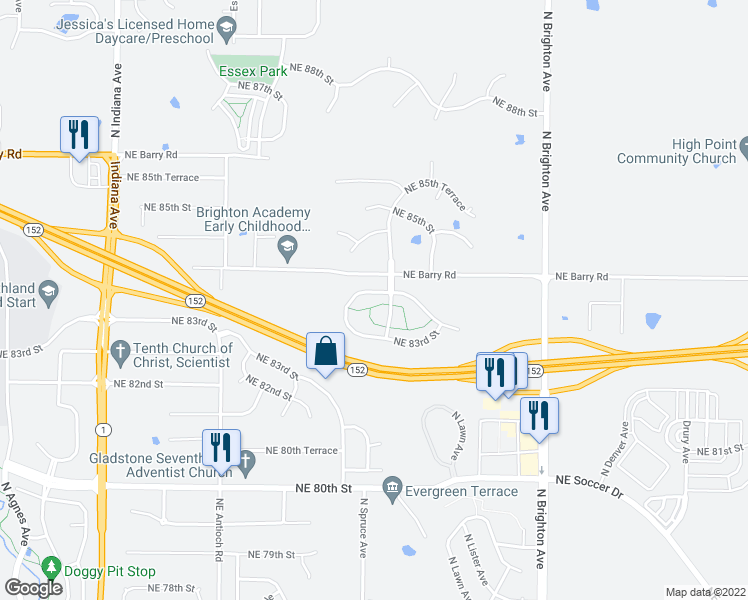 map of restaurants, bars, coffee shops, grocery stores, and more near 4347 Northeast 83rd Street in Kansas City