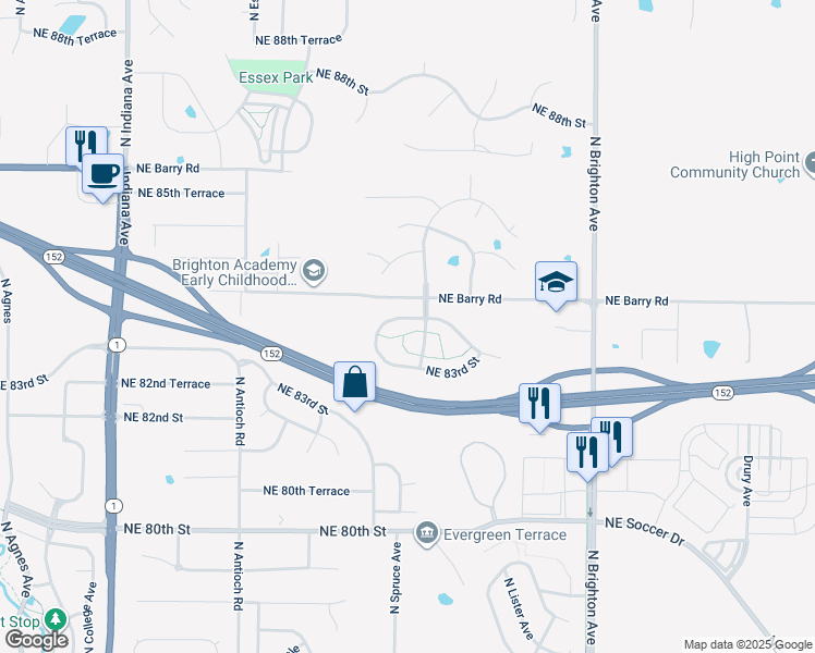 map of restaurants, bars, coffee shops, grocery stores, and more near 4345 Northeast 83rd Street in Kansas City