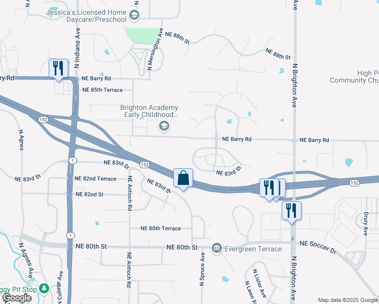 map of restaurants, bars, coffee shops, grocery stores, and more near 8330 North Spruce Avenue in Kansas City