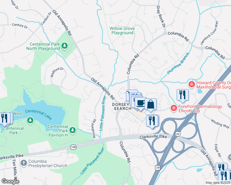 map of restaurants, bars, coffee shops, grocery stores, and more near 4775 Leyden Way in Ellicott City