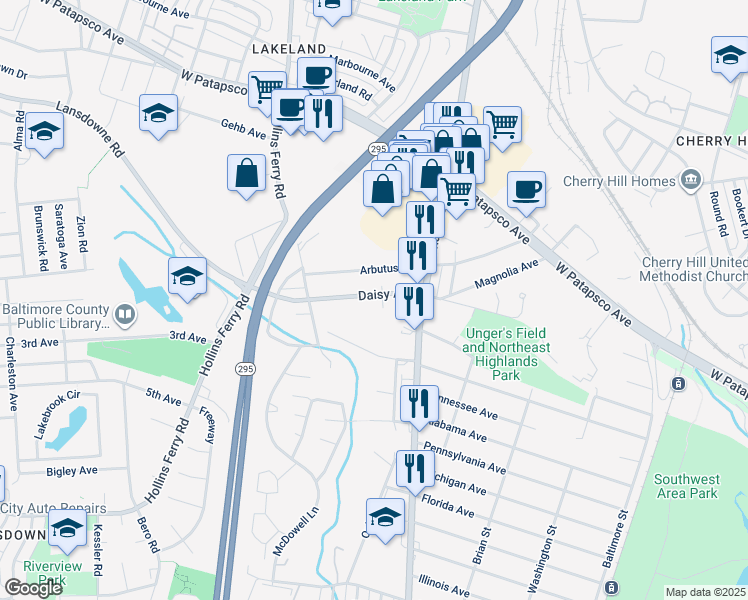 map of restaurants, bars, coffee shops, grocery stores, and more near 2732 Daisy Avenue in Baltimore