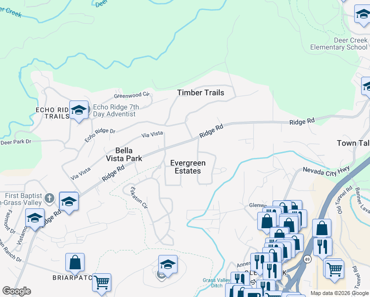 map of restaurants, bars, coffee shops, grocery stores, and more near 11147 Ridge Road in Nevada City