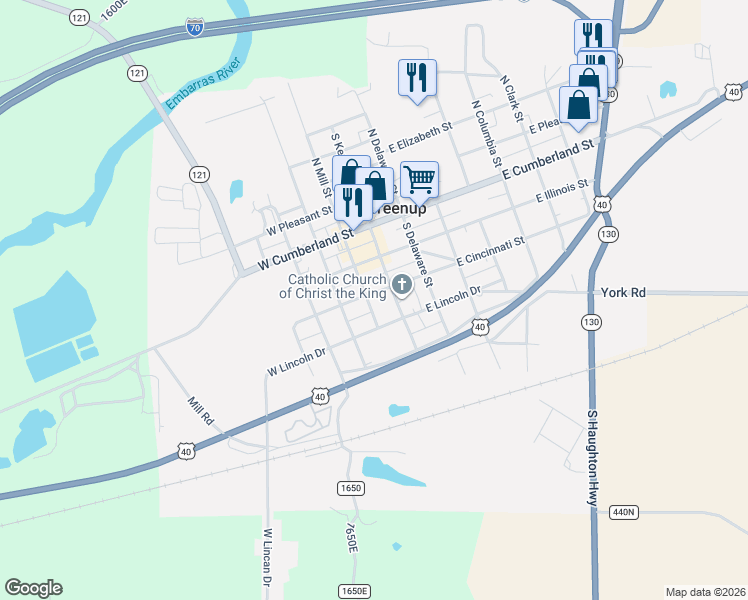 map of restaurants, bars, coffee shops, grocery stores, and more near 300 South Mill Street in Greenup