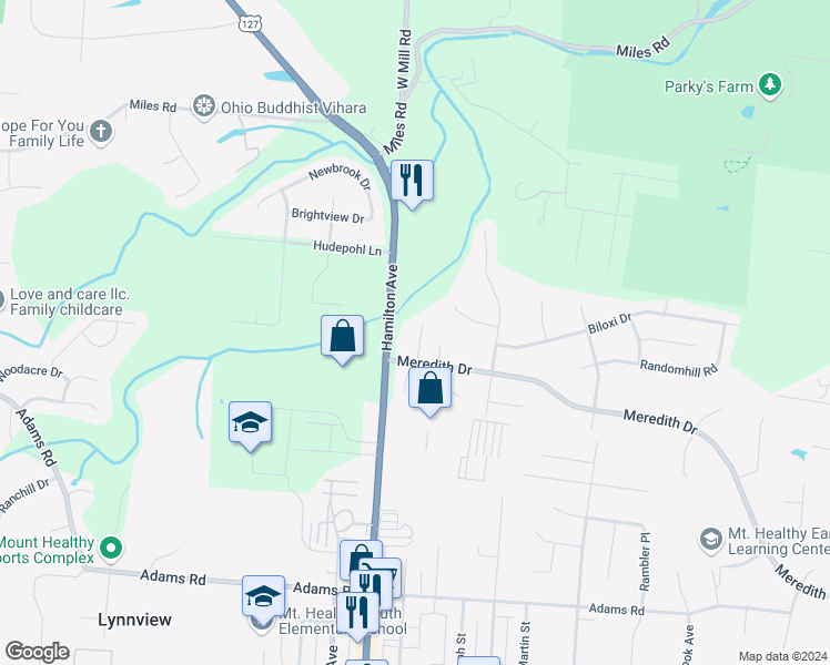 map of restaurants, bars, coffee shops, grocery stores, and more near 1570 Meredith Drive in Cincinnati
