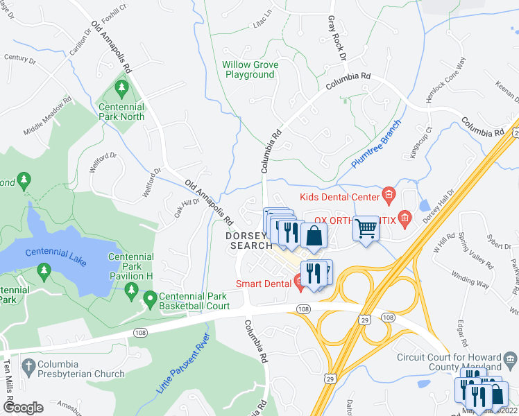 map of restaurants, bars, coffee shops, grocery stores, and more near 4700 Leyden Way in Ellicott City