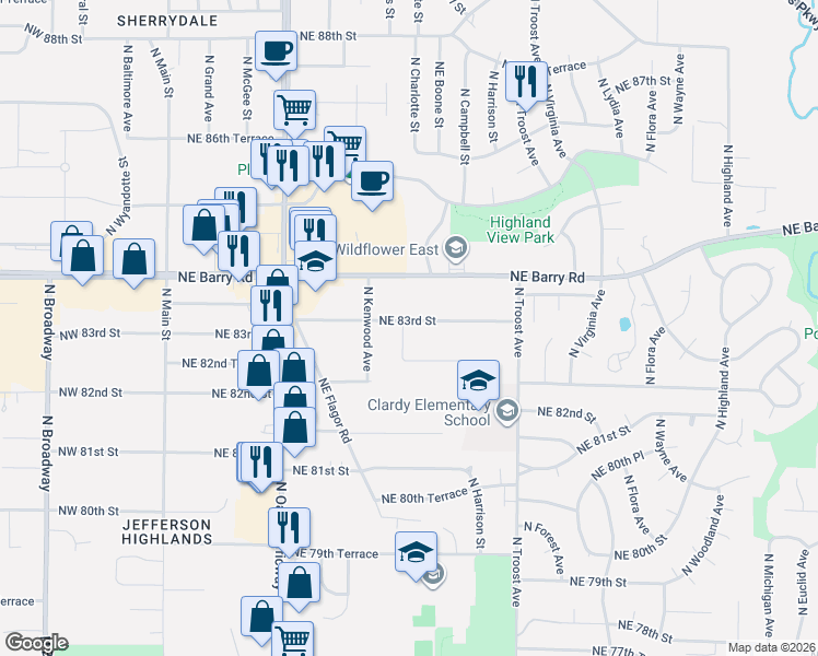 map of restaurants, bars, coffee shops, grocery stores, and more near 711 Northeast 83rd Street in Kansas City