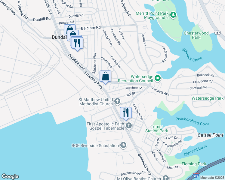 map of restaurants, bars, coffee shops, grocery stores, and more near 124 Chestnut Street in Dundalk