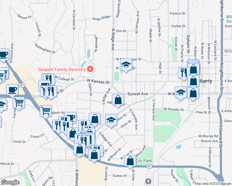 map of restaurants, bars, coffee shops, grocery stores, and more near 717 Sunset Avenue in Liberty