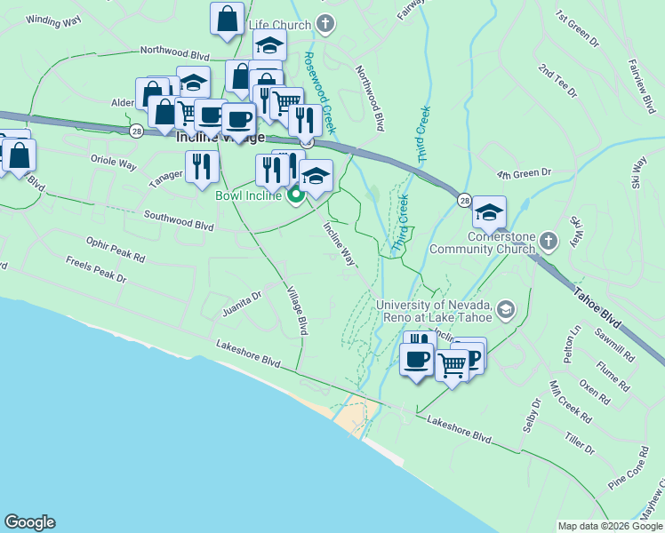 map of restaurants, bars, coffee shops, grocery stores, and more near 939 Incline Way in Incline Village