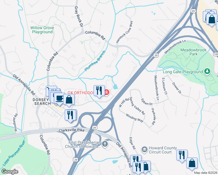 map of restaurants, bars, coffee shops, grocery stores, and more near 5100 Dorsey Hall Drive in Ellicott City