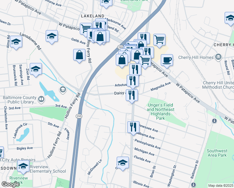 map of restaurants, bars, coffee shops, grocery stores, and more near 2730 Daisy Avenue in Halethorpe