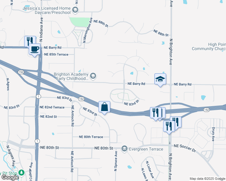 map of restaurants, bars, coffee shops, grocery stores, and more near 8352 North Spruce Avenue in Kansas City