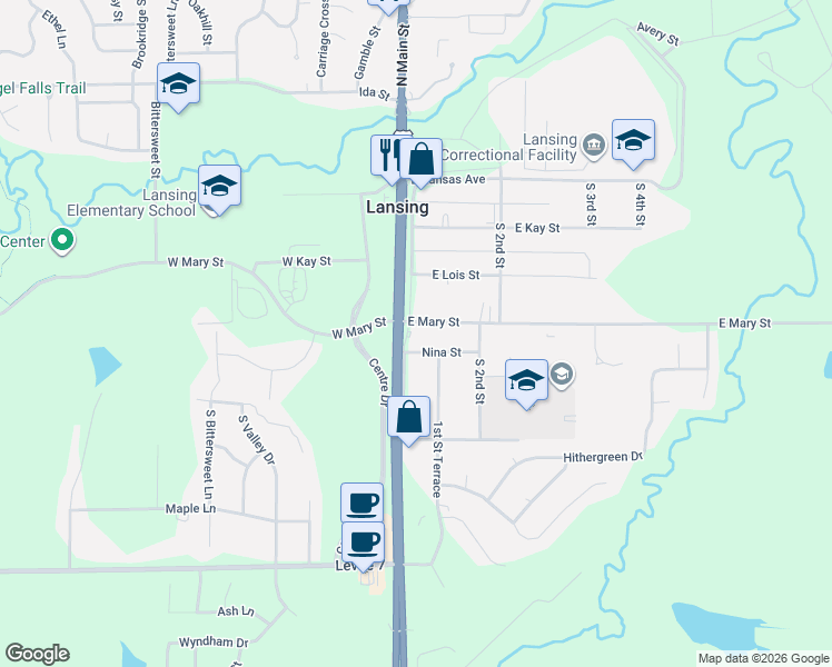 map of restaurants, bars, coffee shops, grocery stores, and more near 105 Nina Street in Lansing