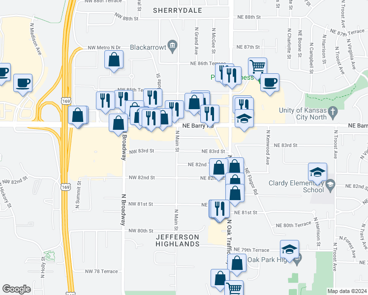 map of restaurants, bars, coffee shops, grocery stores, and more near 12 Northeast 83rd Street in Kansas City