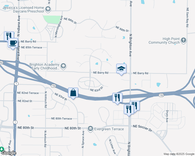 map of restaurants, bars, coffee shops, grocery stores, and more near 4528 Northeast 83rd Terrace in Kansas City