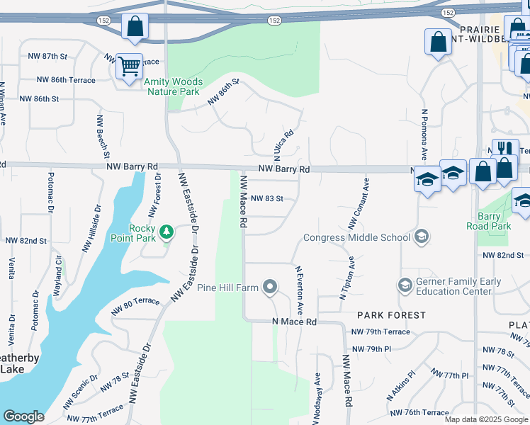 map of restaurants, bars, coffee shops, grocery stores, and more near 8713 Northwest 82 Terrace in Kansas City