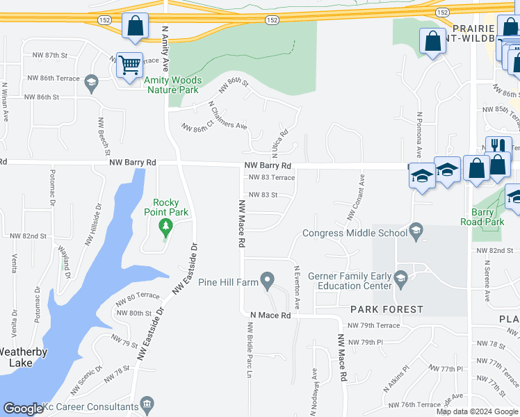 map of restaurants, bars, coffee shops, grocery stores, and more near 8713 Northwest 82 Terrace in Kansas City