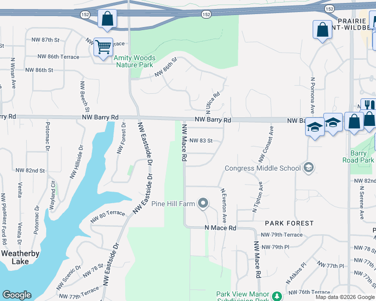 map of restaurants, bars, coffee shops, grocery stores, and more near 8713 Northwest 82 Terrace in Kansas City