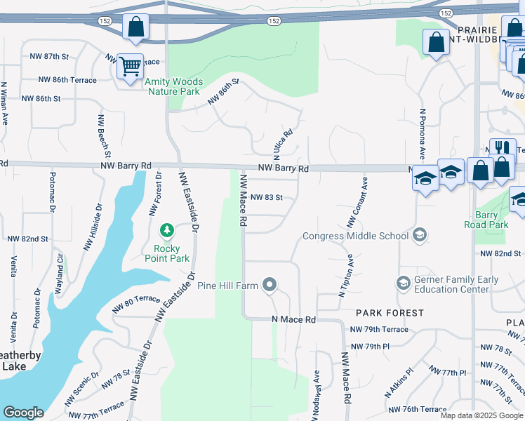 map of restaurants, bars, coffee shops, grocery stores, and more near 8710 Northwest 82 Terrace in Kansas City