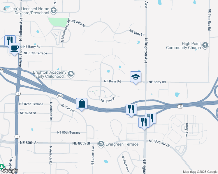 map of restaurants, bars, coffee shops, grocery stores, and more near 4528 Northeast 83rd Terrace in Kansas City