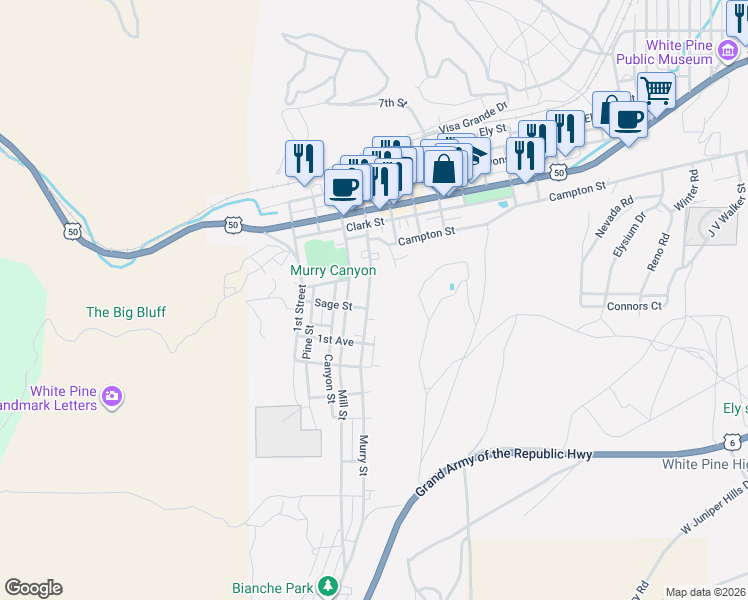 map of restaurants, bars, coffee shops, grocery stores, and more near 672 Murry Street in Ely