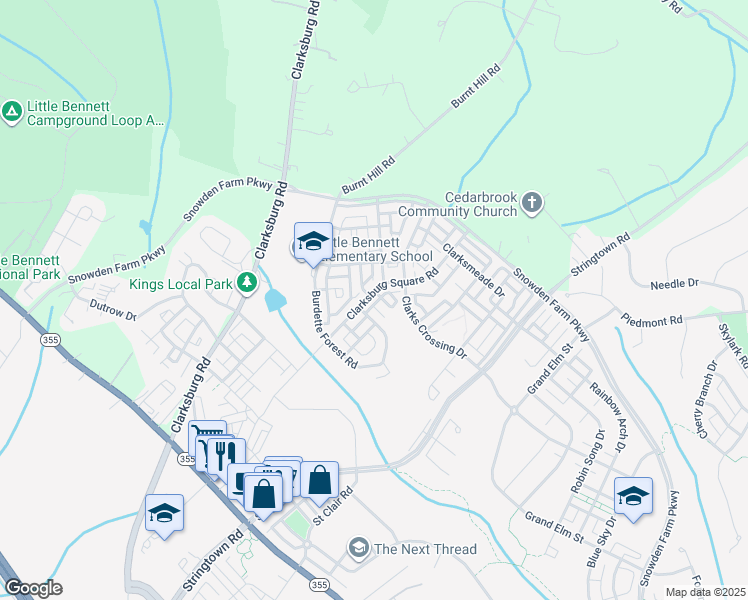 map of restaurants, bars, coffee shops, grocery stores, and more near 12948 Clarksburg Square Road in Clarksburg