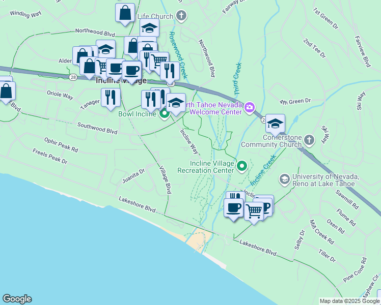 map of restaurants, bars, coffee shops, grocery stores, and more near 939 Incline Way in Incline Village