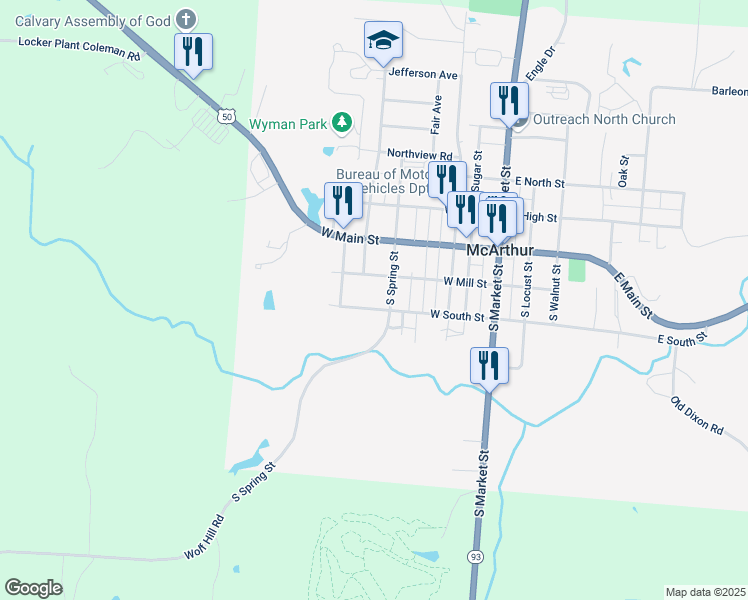 map of restaurants, bars, coffee shops, grocery stores, and more near 404 West South Street in McArthur