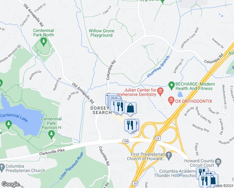 map of restaurants, bars, coffee shops, grocery stores, and more near 4700 Dorsey Hall Drive in Ellicott City