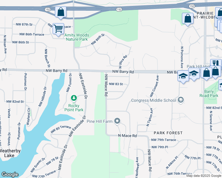 map of restaurants, bars, coffee shops, grocery stores, and more near 8714 Northwest 82 Terrace in Kansas City