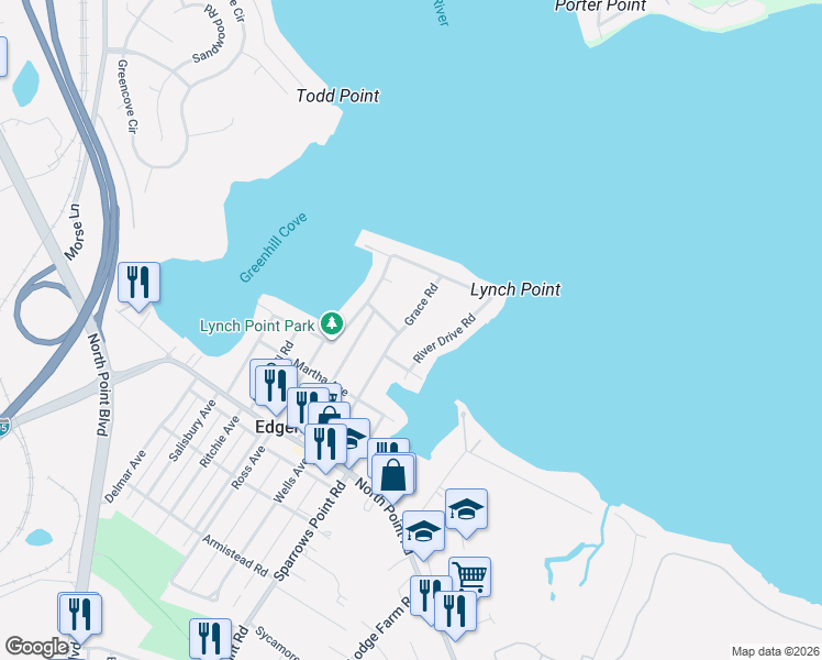 map of restaurants, bars, coffee shops, grocery stores, and more near 3301 Grace Road in Sparrows Point
