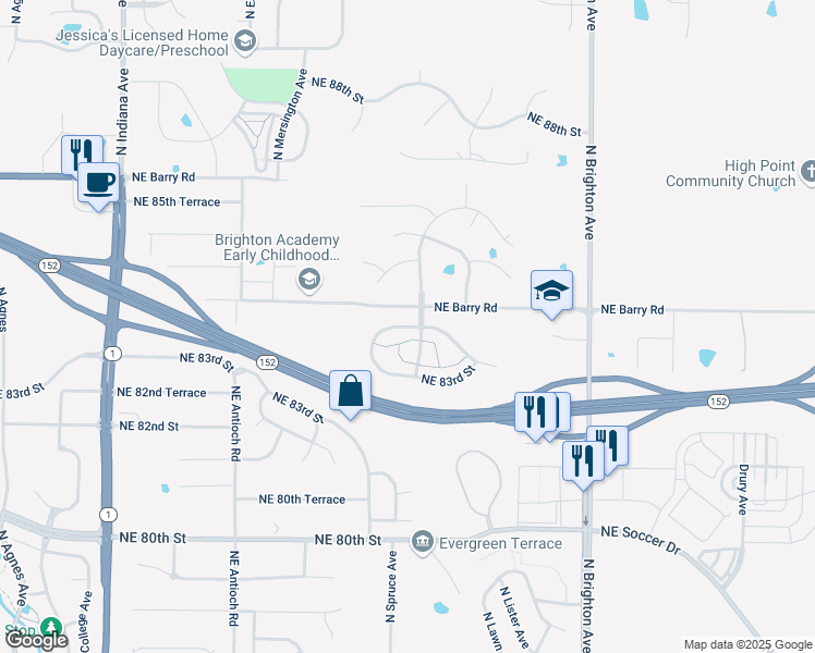 map of restaurants, bars, coffee shops, grocery stores, and more near 4350 Northeast 83rd Street in Kansas City