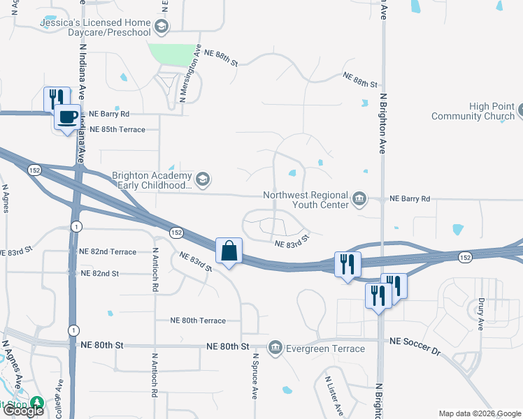 map of restaurants, bars, coffee shops, grocery stores, and more near 4333 Northeast 83rd Terrace in Kansas City