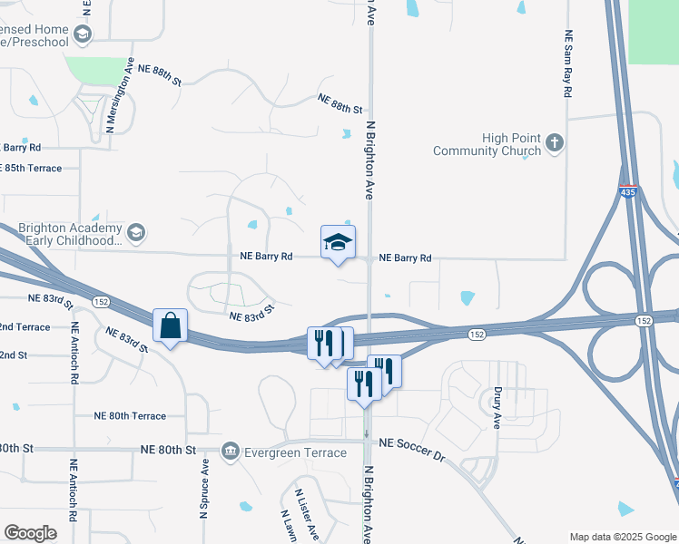 map of restaurants, bars, coffee shops, grocery stores, and more near 4901 Northeast Barry Road in Kansas City