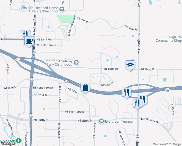map of restaurants, bars, coffee shops, grocery stores, and more near 8332 Northeast 83rd Street in Kansas City