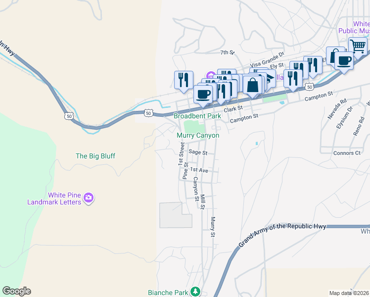 map of restaurants, bars, coffee shops, grocery stores, and more near 721 South 1st Street in Ely