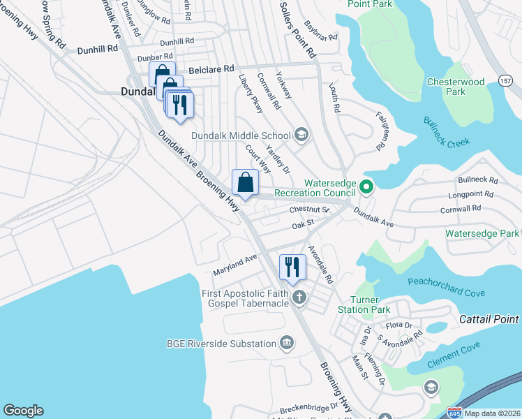 map of restaurants, bars, coffee shops, grocery stores, and more near 402 Chestnut Court in Dundalk