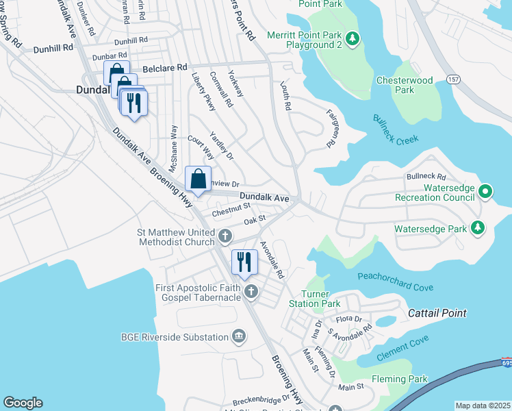 map of restaurants, bars, coffee shops, grocery stores, and more near 233 Chestnut Street in Dundalk