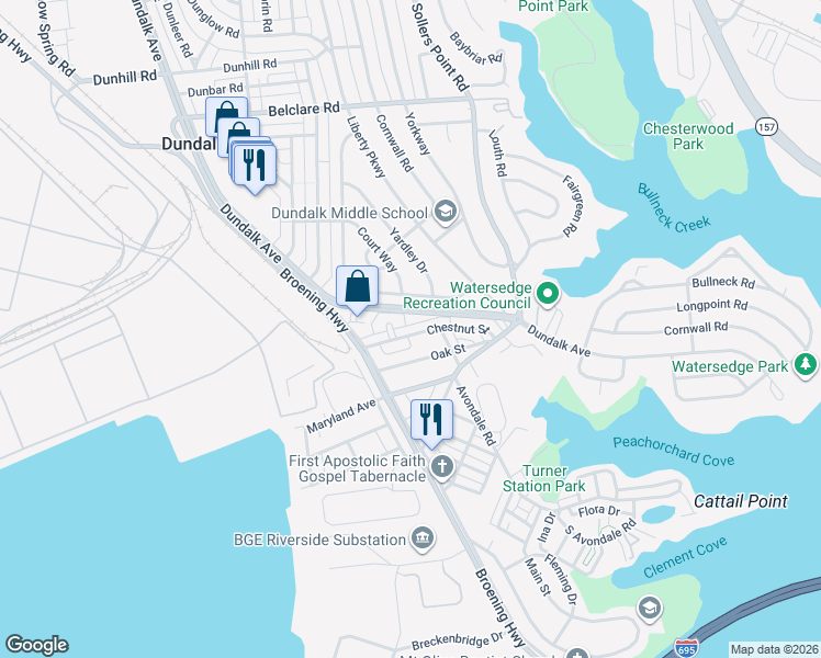 map of restaurants, bars, coffee shops, grocery stores, and more near 144 Chestnut Street in Dundalk