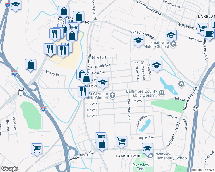 map of restaurants, bars, coffee shops, grocery stores, and more near 151 Clyde Avenue in Halethorpe